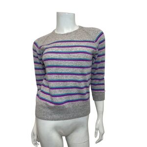 Jill Roberts Cashmere 3/4 Sleeve Stripe Crew Sweater in Grey Size S